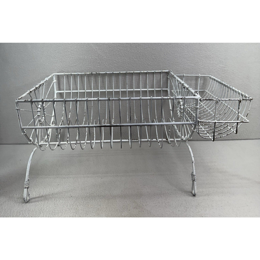 French Style Dish Rack White Wire Metal Farmhouse Counter Drying Rack VTG - Picture 12 of 13